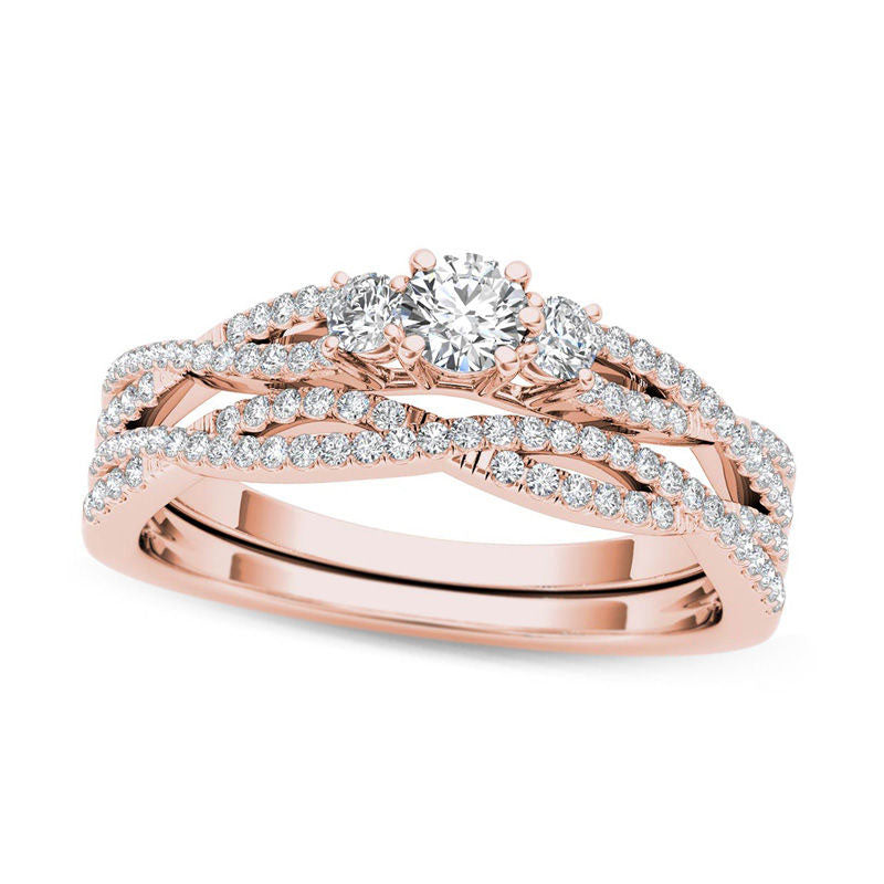 Image of ID 1 050 CT TW Natural Diamond Three Stone Twist Bridal Engagement Ring Set in Solid 14K Rose Gold