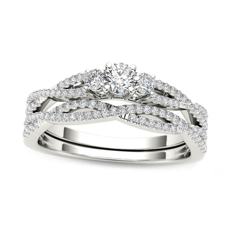 Image of ID 1 050 CT TW Natural Diamond Three Stone Twist Bridal Engagement Ring Set in Solid 14K White Gold