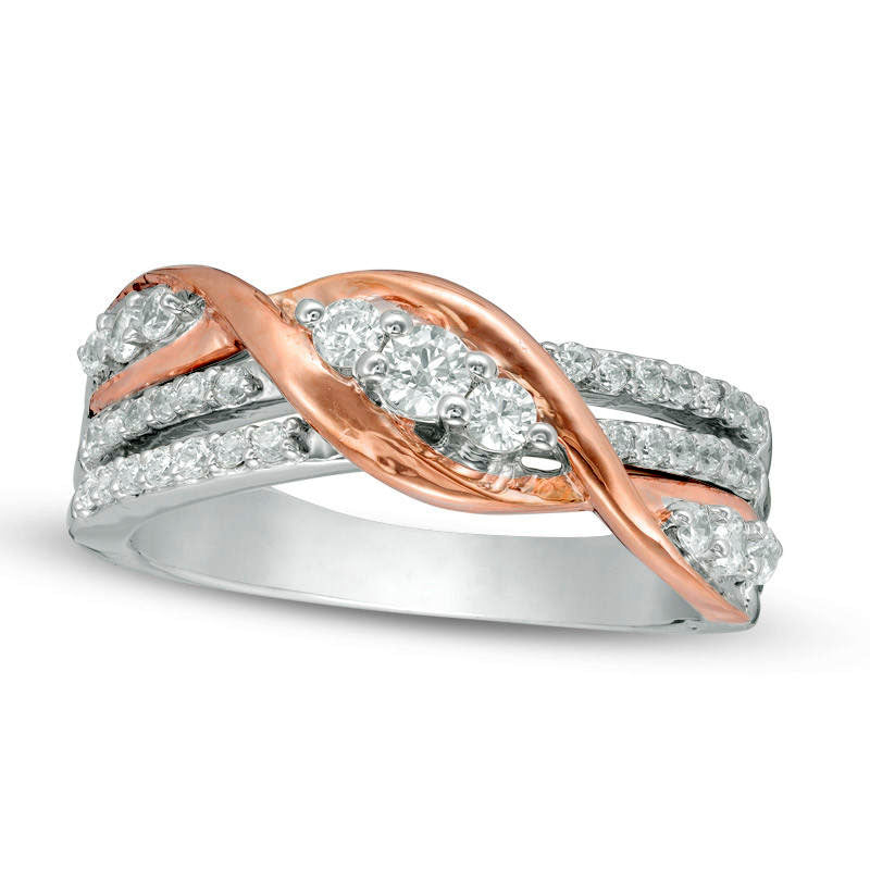 Image of ID 1 050 CT TW Natural Diamond Three Stone Twist Crossover Ring in Solid 10K Two-Tone Gold