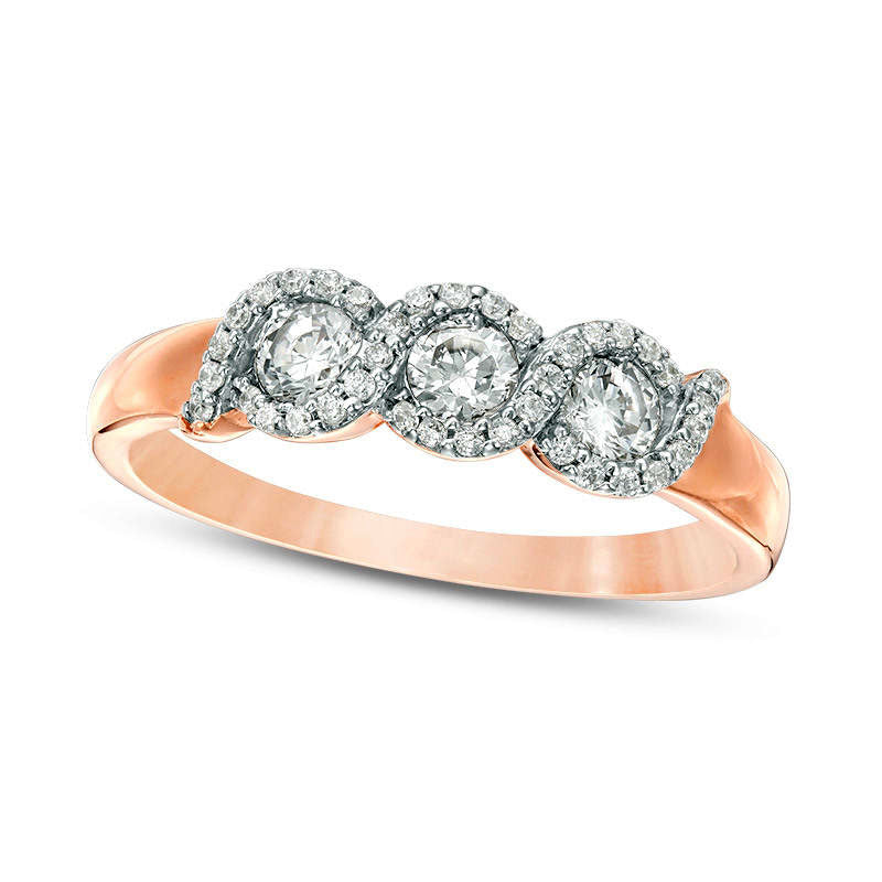 Image of ID 1 050 CT TW Natural Diamond Three Stone Twist Frame Engagement Ring in Solid 10K Rose Gold