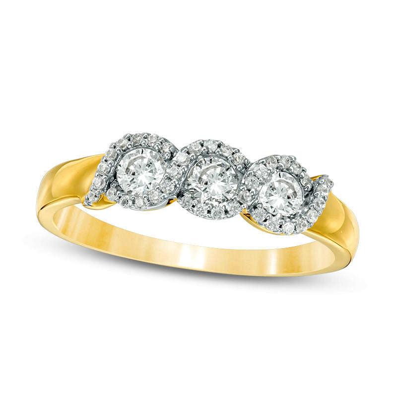 Image of ID 1 050 CT TW Natural Diamond Three Stone Twist Frame Engagement Ring in Solid 10K Yellow Gold