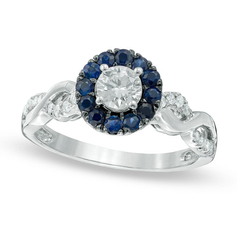 Image of ID 1 050 CT TW Natural Diamond and Blue Sapphire Frame Ring in Solid 14K White Gold