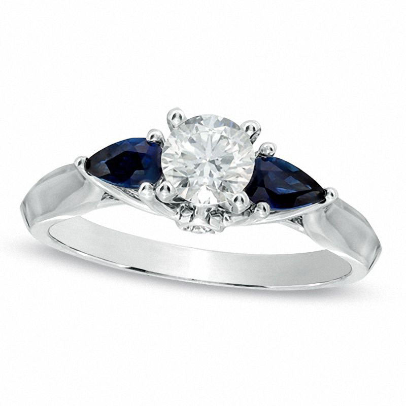 Image of ID 1 050 CT TW Natural Diamond and Pear-Shaped Blue Sapphire Three Stone Ring in Solid 14K White Gold