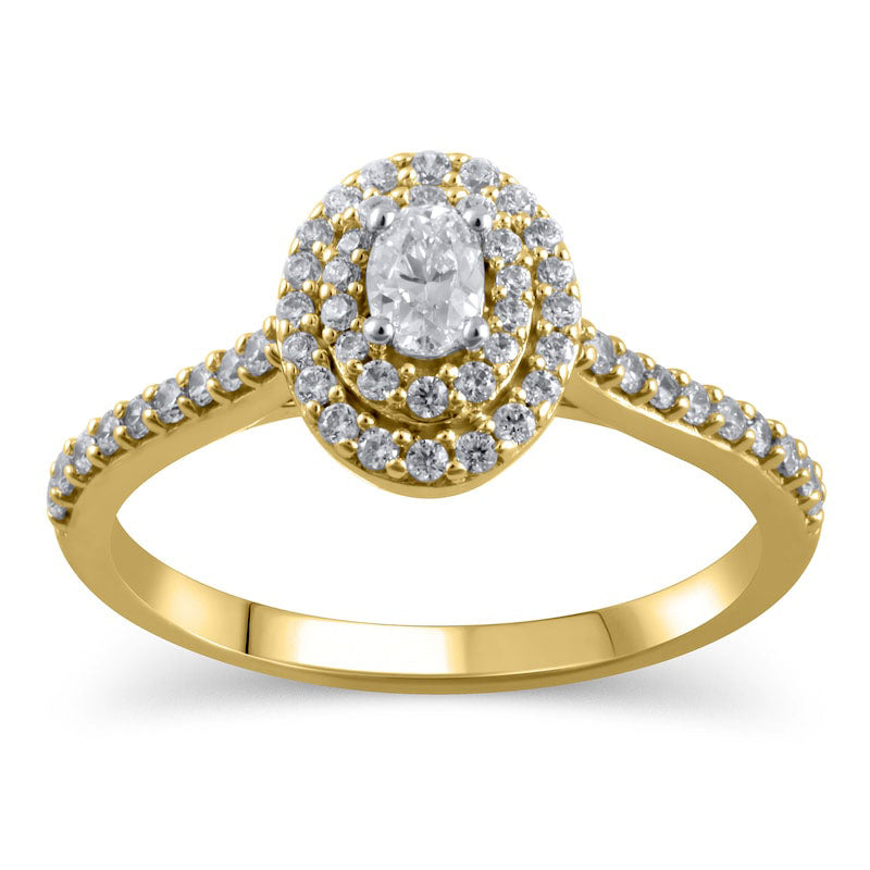 Image of ID 1 050 CT TW Oval Natural Diamond Double Frame Engagement Ring in Solid 10K Yellow Gold