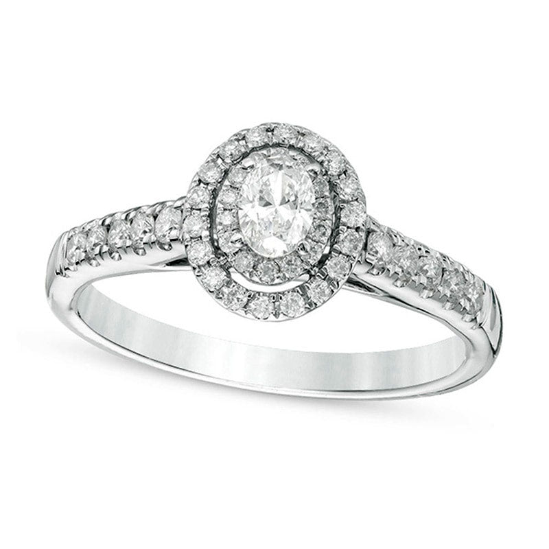 Image of ID 1 050 CT TW Oval Natural Diamond Double Frame Engagement Ring in Solid 14K White Gold