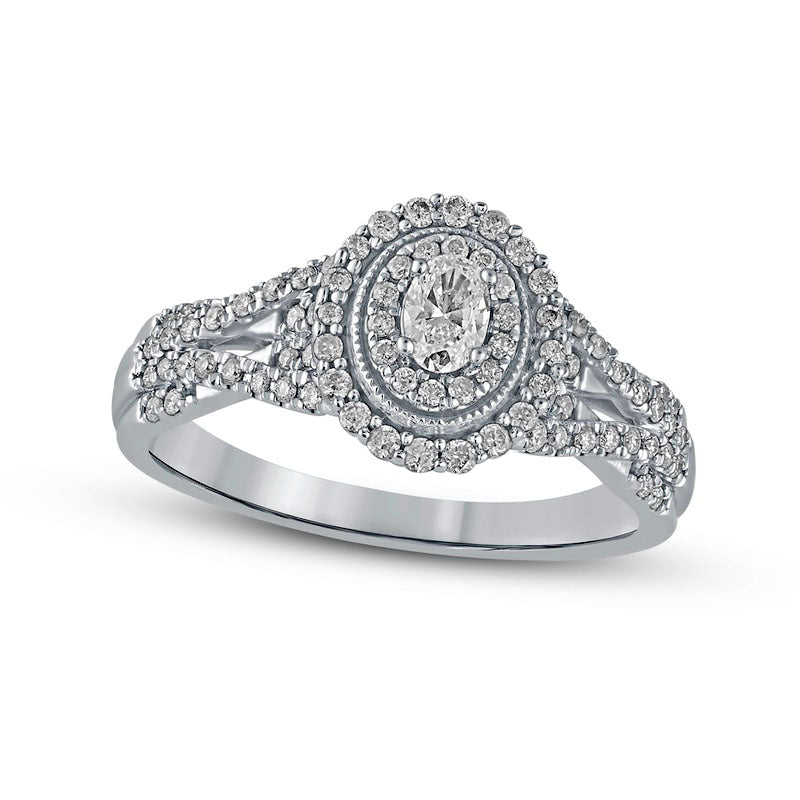 Image of ID 1 050 CT TW Oval Natural Diamond Frame Antique Vintage-Style Multi-Row Engagement Ring in Solid 10K White Gold