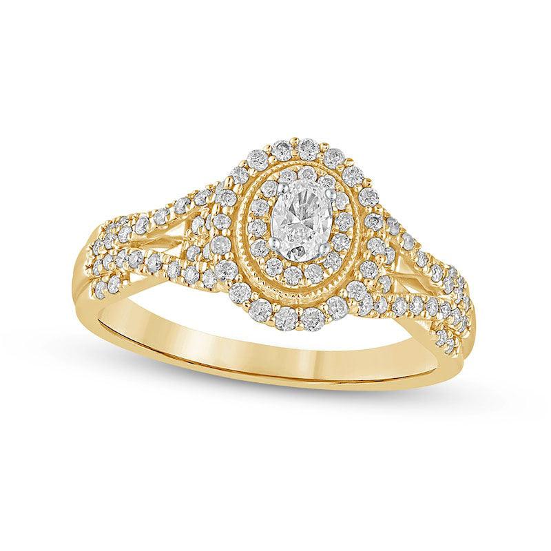 Image of ID 1 050 CT TW Oval Natural Diamond Frame Antique Vintage-Style Multi-Row Engagement Ring in Solid 10K Yellow Gold
