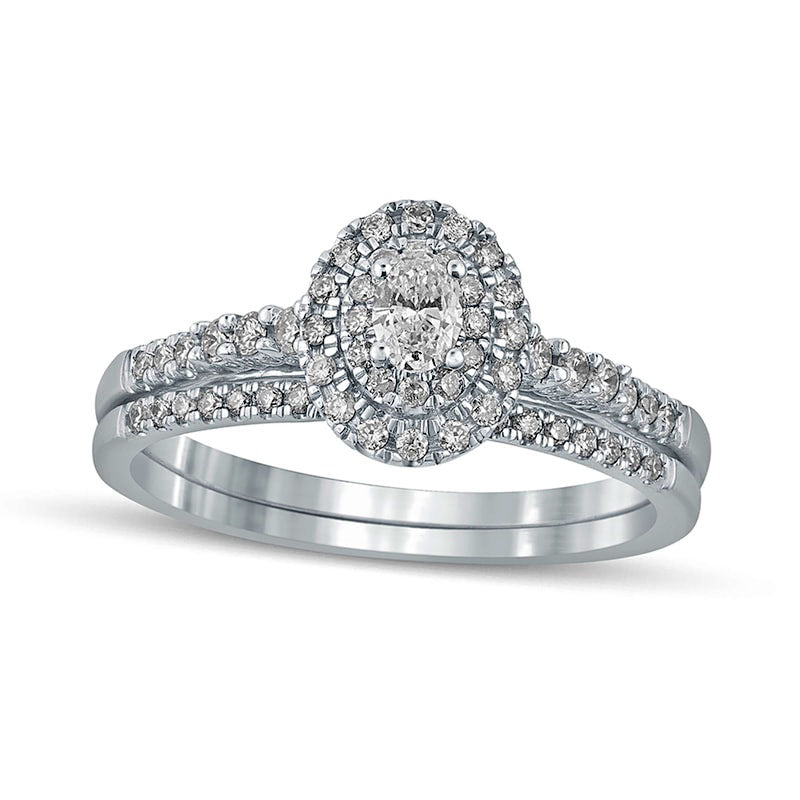 Image of ID 1 050 CT TW Oval Natural Diamond Frame Bridal Engagement Ring Set in Solid 10K White Gold