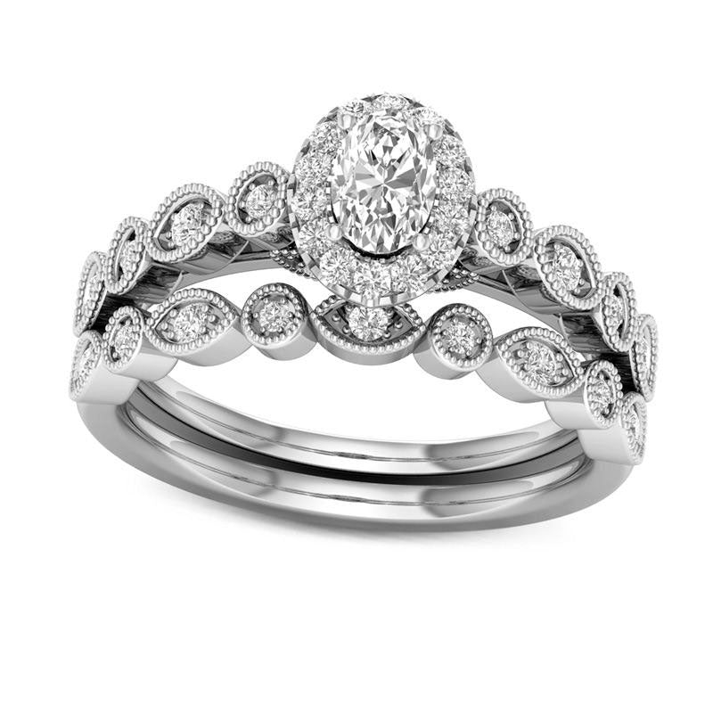 Image of ID 1 050 CT TW Oval Natural Diamond Frame Bridal Engagement Ring Set in Solid 14K Gold