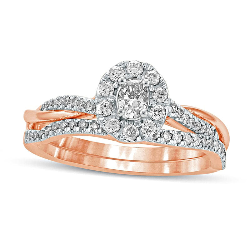 Image of ID 1 050 CT TW Oval Natural Diamond Frame Twist Shank Bridal Engagement Ring Set in Solid 10K Rose Gold