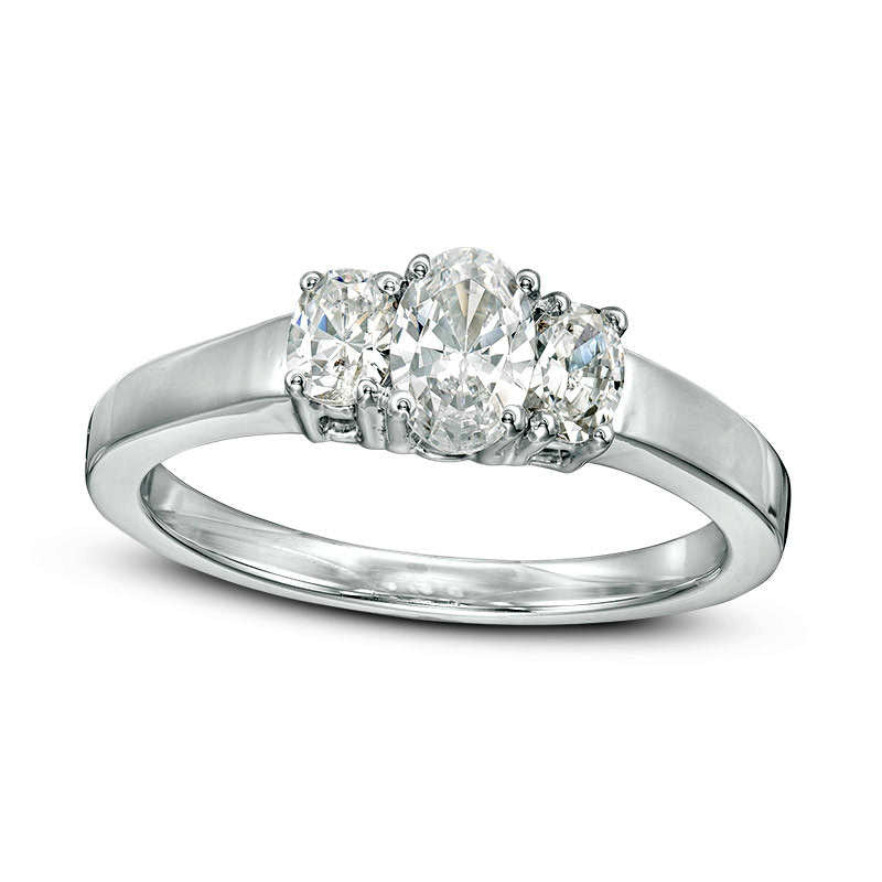 Image of ID 1 050 CT TW Oval Natural Diamond Three Stone Engagement Ring in Solid 14K White Gold