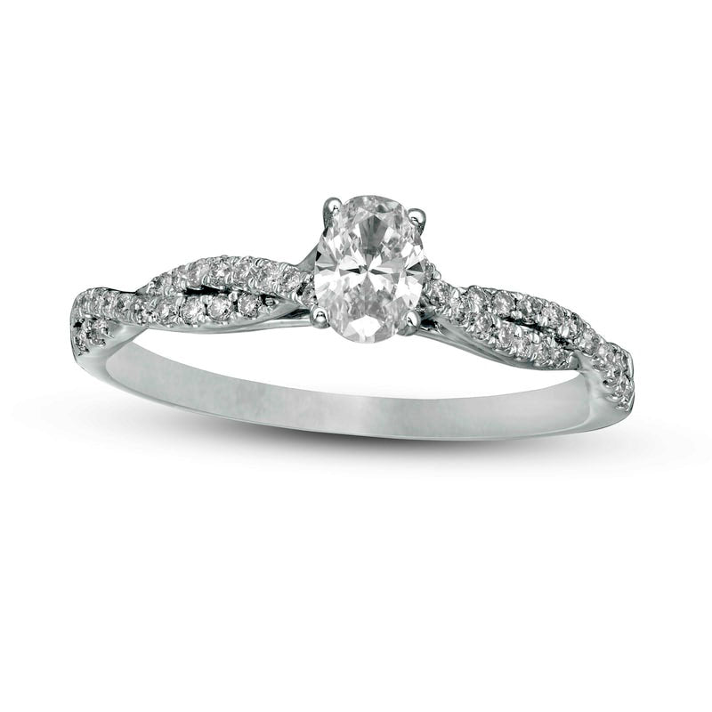Image of ID 1 050 CT TW Oval Natural Diamond Twist Engagement Ring in Solid 14K White Gold