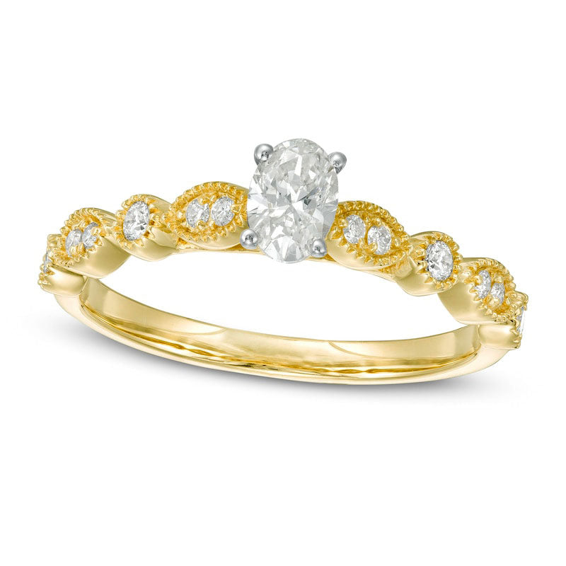 Image of ID 1 050 CT TW Oval Natural Diamond with Marquise Shapes Antique Vintage-Style Engagement Ring in Solid 10K Yellow Gold