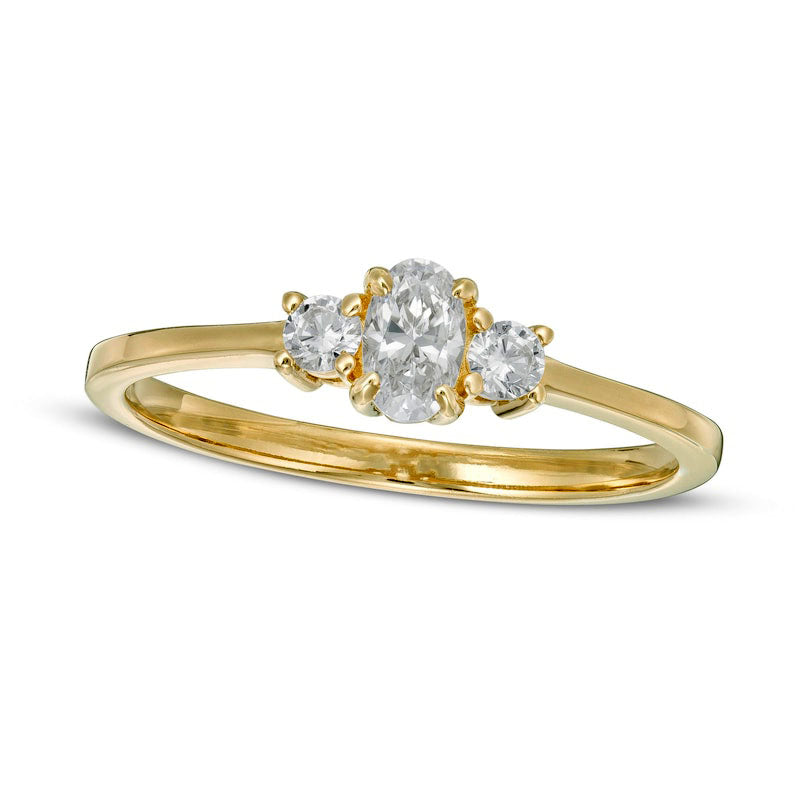Image of ID 1 050 CT TW Oval and Round Natural Diamond Three Stone Engagement Ring in Solid 14K Gold