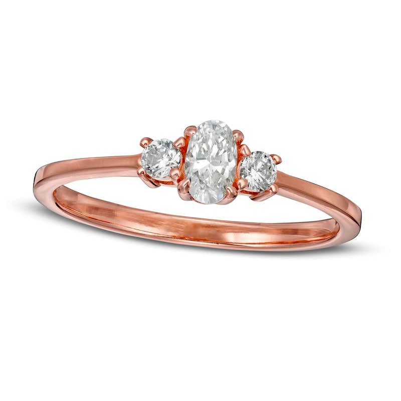 Image of ID 1 050 CT TW Oval and Round Natural Diamond Three Stone Engagement Ring in Solid 14K Rose Gold