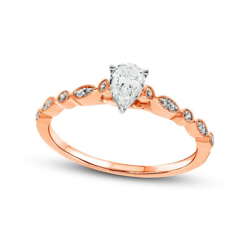 Image of ID 1 050 CT TW Pear-Shaped Natural Diamond Antique Vintage-Style Scallop Shank Engagement Ring in Solid 10K Rose Gold (I/I2)