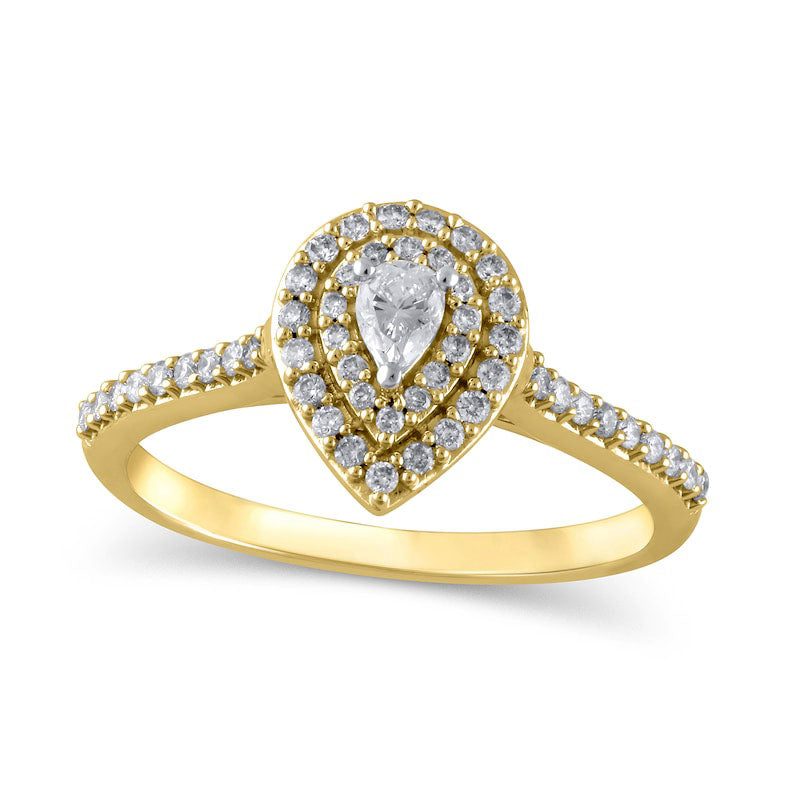 Image of ID 1 050 CT TW Pear-Shaped Natural Diamond Double Frame Engagement Ring in Solid 10K Yellow Gold
