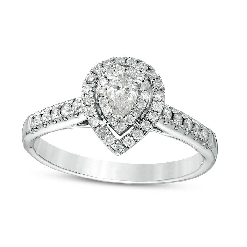 Image of ID 1 050 CT TW Pear-Shaped Natural Diamond Double Frame Engagement Ring in Solid 14K White Gold