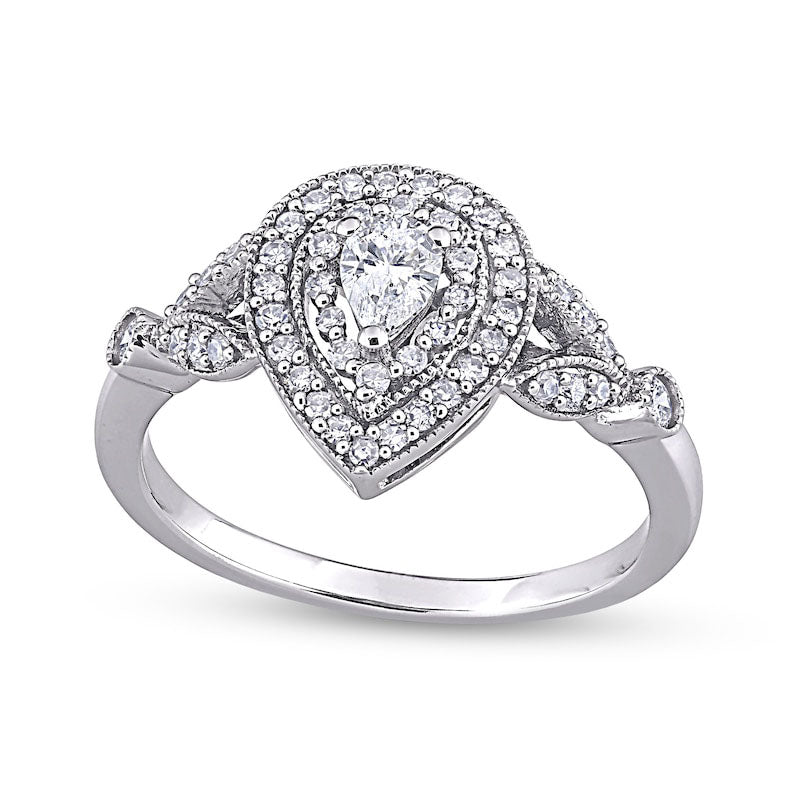 Image of ID 1 050 CT TW Pear-Shaped Natural Diamond Double Frame Leaf-Sides Antique Vintage-Style Engagement Ring in Solid 10K White Gold