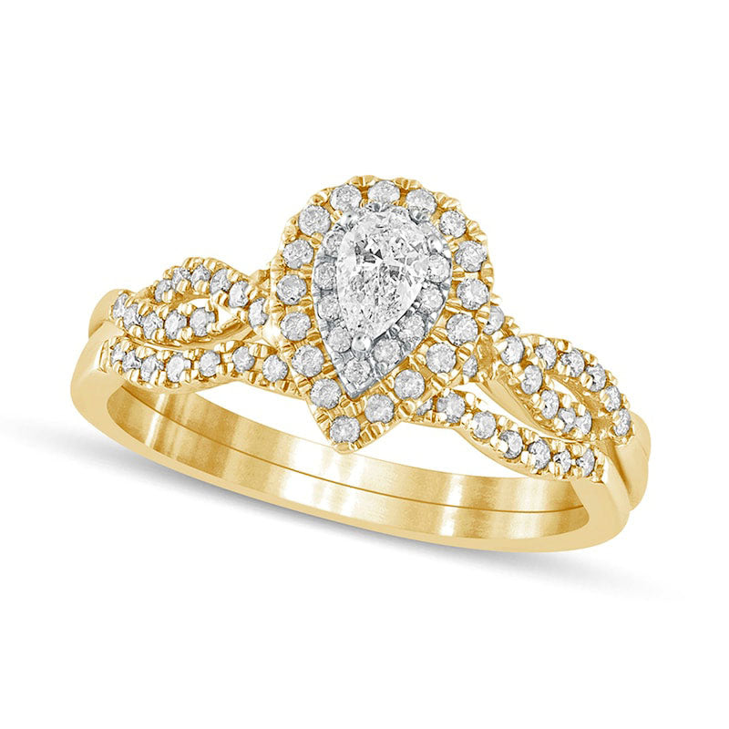 Image of ID 1 050 CT TW Pear-Shaped Natural Diamond Double Frame Multi-Row Bridal Engagement Ring Set in Solid 10K Yellow Gold