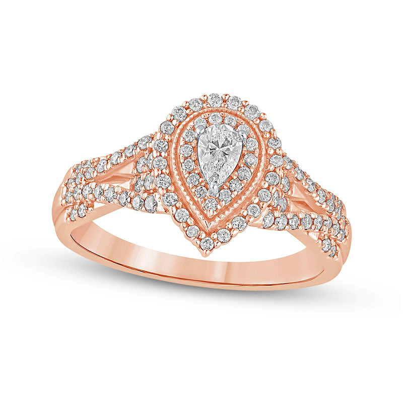 Image of ID 1 050 CT TW Pear-Shaped Natural Diamond Frame Antique Vintage-Style Multi-Row Engagement Ring in Solid 10K Rose Gold