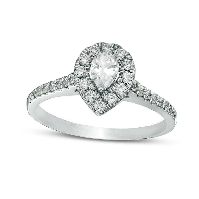 Image of ID 1 050 CT TW Pear-Shaped Natural Diamond Frame Engagement Ring in Solid 14K White Gold