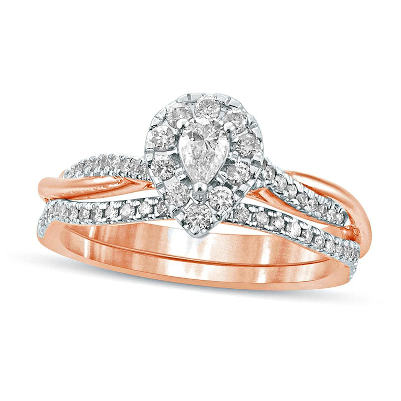 Image of ID 1 050 CT TW Pear-Shaped Natural Diamond Frame Twist Shank Bridal Engagement Ring Set in Solid 10K Rose Gold