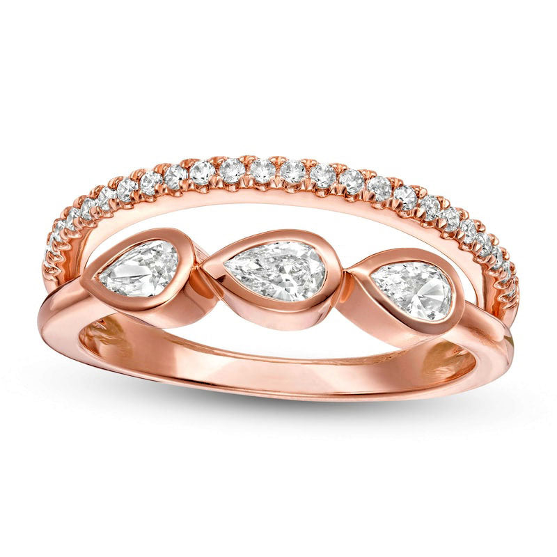 Image of ID 1 050 CT TW Pear-Shaped Natural Diamond Three Stone Split Shank Ring in Solid 10K Rose Gold