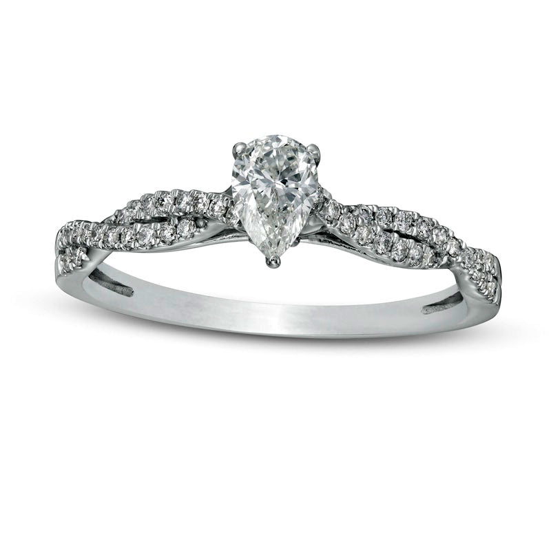 Image of ID 1 050 CT TW Pear-Shaped Natural Diamond Twist Shank Engagement Ring in Solid 14K White Gold (I/I1)
