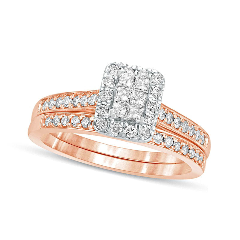 Image of ID 1 050 CT TW Princess-Cut Composite Natural Diamond Rectangle Frame Bridal Engagement Ring Set in Solid 10K Rose Gold