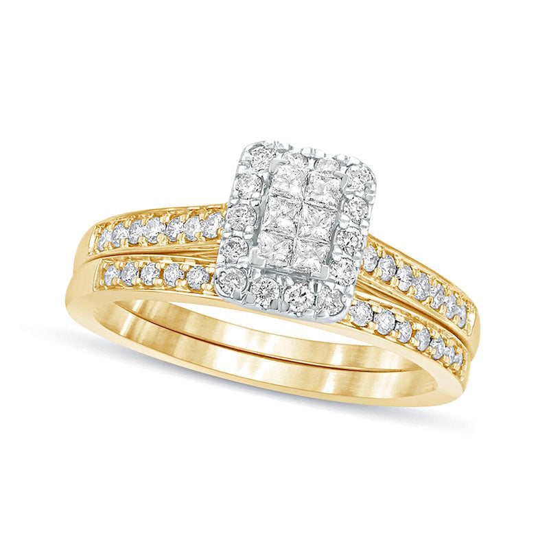 Image of ID 1 050 CT TW Princess-Cut Composite Natural Diamond Rectangle Frame Bridal Engagement Ring Set in Solid 10K Yellow Gold