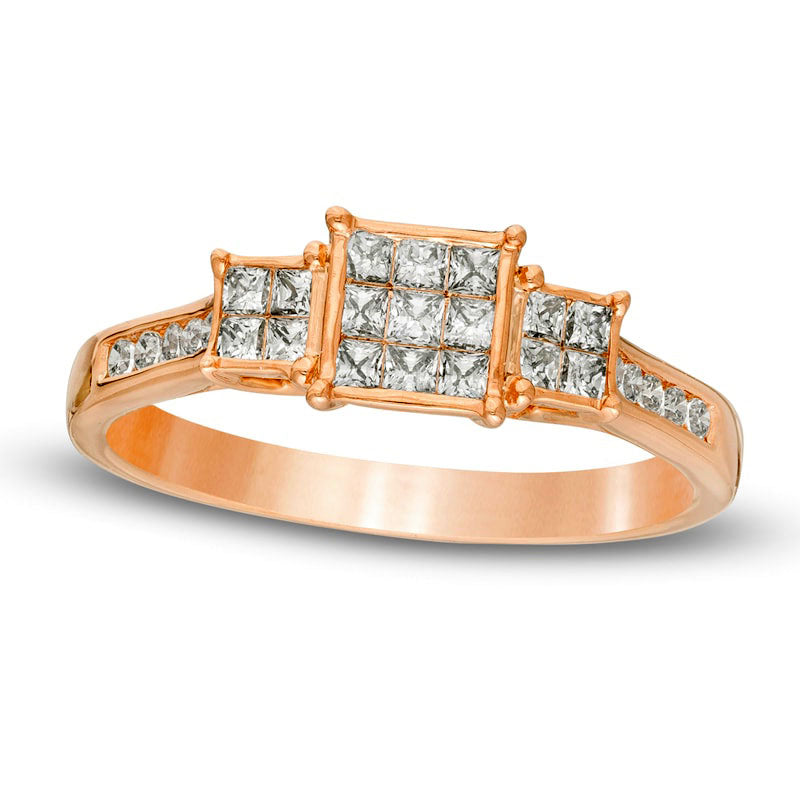 Image of ID 1 050 CT TW Princess-Cut Composite Natural Diamond Three Stone Engagement Ring in Solid 10K Rose Gold