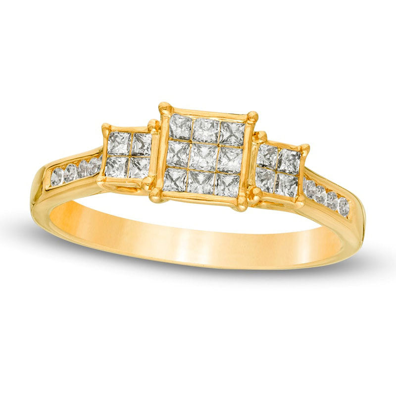 Image of ID 1 050 CT TW Princess-Cut Composite Natural Diamond Three Stone Engagement Ring in Solid 10K Yellow Gold