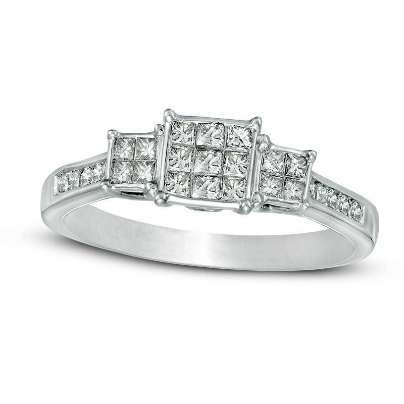 Image of ID 1 050 CT TW Princess-Cut Composite Natural Diamond Three Stone Engagement Ring in Sterling Silver