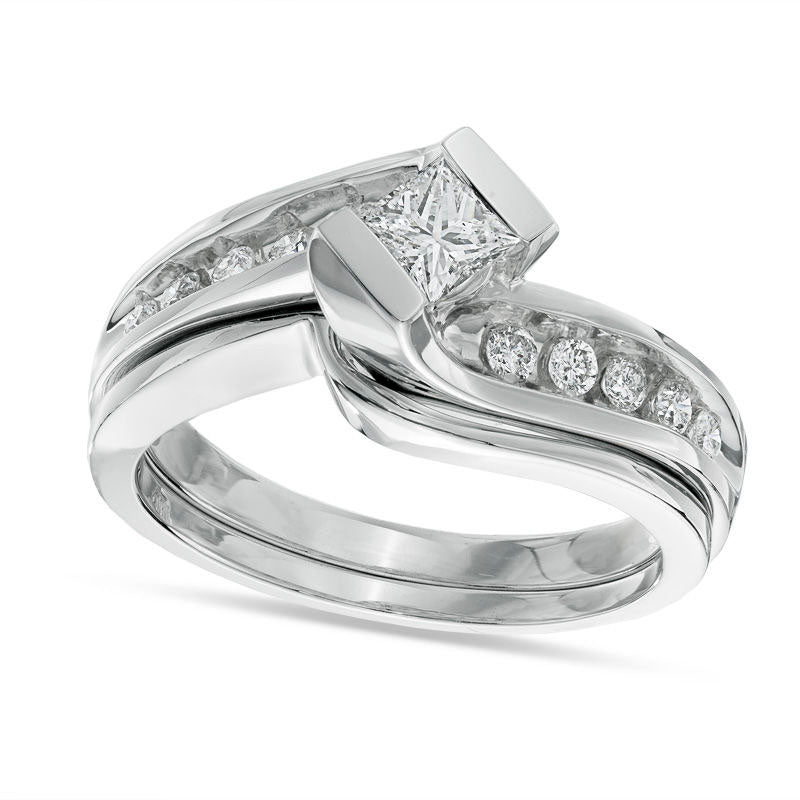 Image of ID 1 050 CT TW Princess-Cut Natural Diamond Bypass Bridal Engagement Ring Set in Solid 14K White Gold