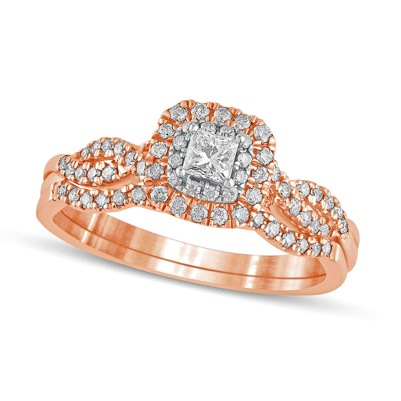 Image of ID 1 050 CT TW Princess-Cut Natural Diamond Double Cushion-Shaped Frame Multi-Row Bridal Engagement Ring Set in Solid 10K Rose Gold