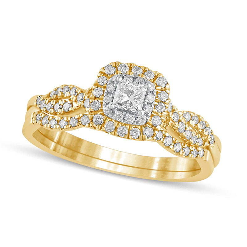 Image of ID 1 050 CT TW Princess-Cut Natural Diamond Double Cushion-Shaped Frame Multi-Row Bridal Engagement Ring Set in Solid 10K Yellow Gold