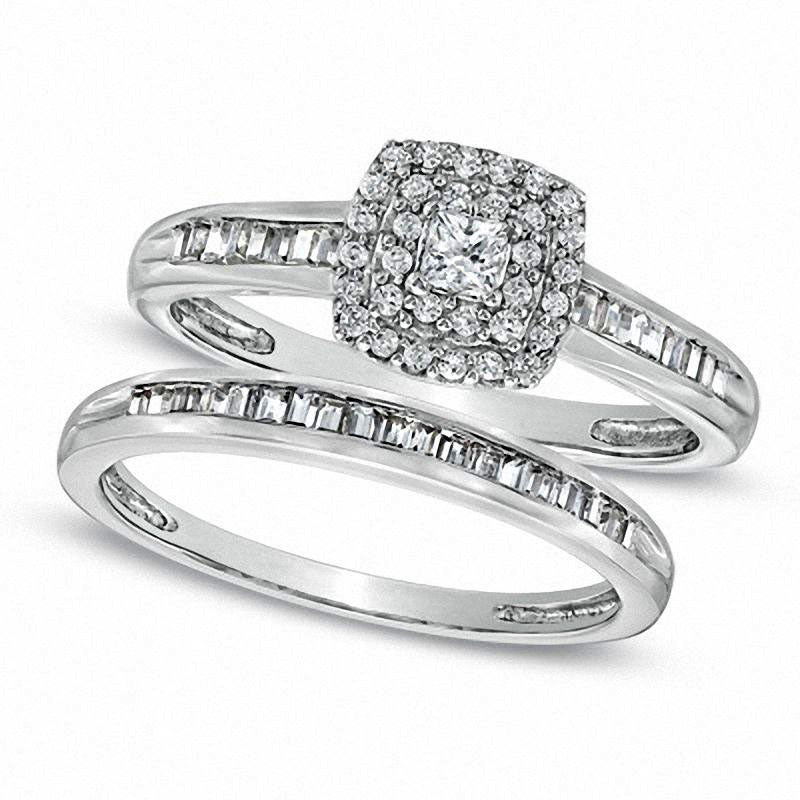Image of ID 1 050 CT TW Princess-Cut Natural Diamond Double Frame Bridal Engagement Ring Set in Solid 10K White Gold