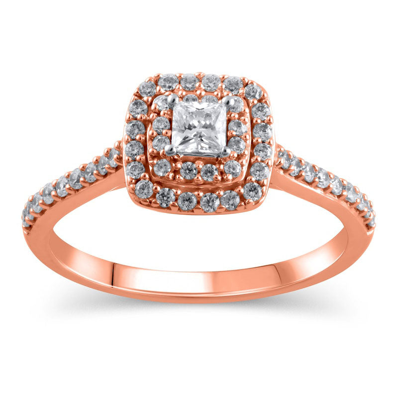 Image of ID 1 050 CT TW Princess-Cut Natural Diamond Double Frame Engagement Ring in Solid 10K Rose Gold