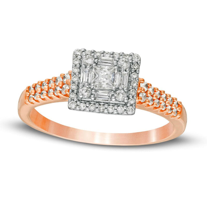 Image of ID 1 050 CT TW Princess-Cut Natural Diamond Double Frame Engagement Ring in Solid 14K Rose Gold