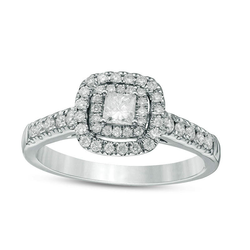 Image of ID 1 050 CT TW Princess-Cut Natural Diamond Double Frame Engagement Ring in Solid 14K White Gold