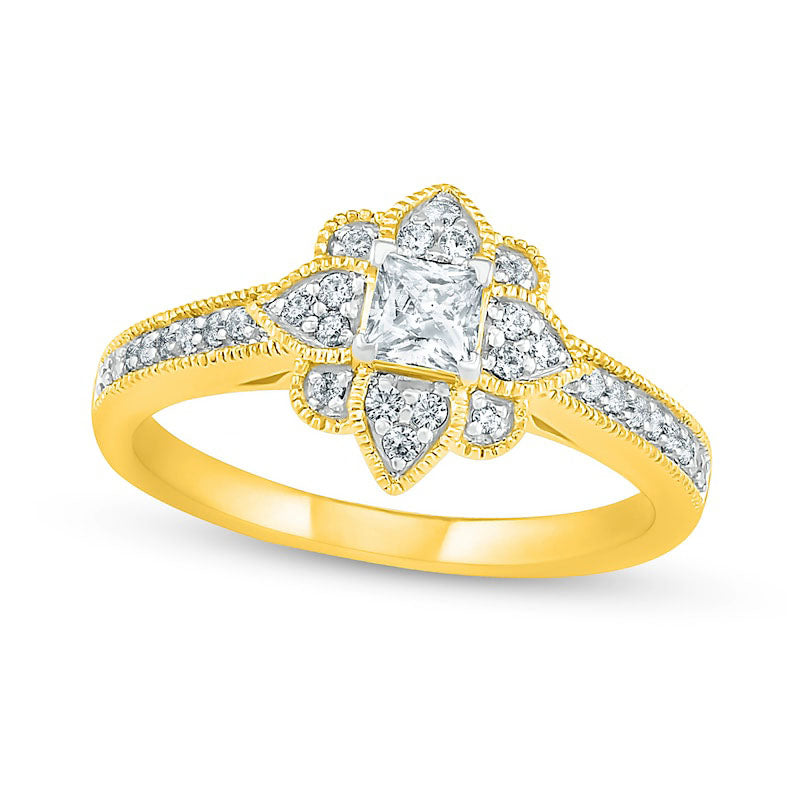 Image of ID 1 050 CT TW Princess-Cut Natural Diamond Flower Frame Antique Vintage-Style Engagement Ring in Solid 10K Yellow Gold