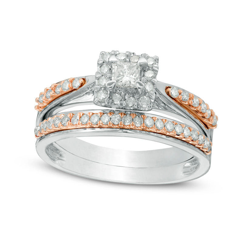 Image of ID 1 050 CT TW Princess-Cut Natural Diamond Frame Bridal Engagement Ring Set in Solid 10K Two-Tone Gold