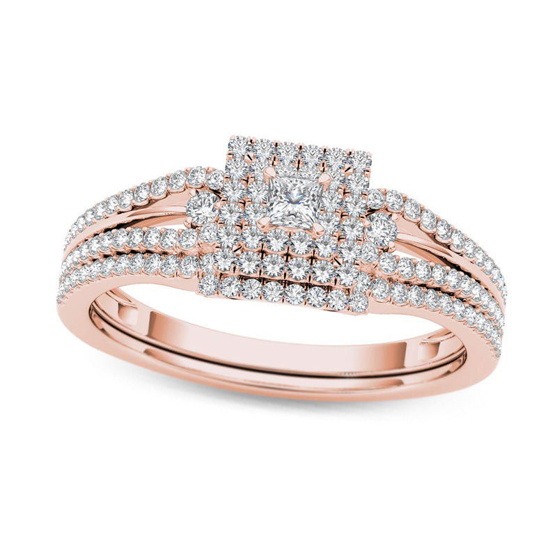 Image of ID 1 050 CT TW Princess-Cut Natural Diamond Frame Bridal Engagement Ring Set in Solid 14K Rose Gold
