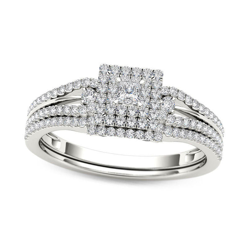 Image of ID 1 050 CT TW Princess-Cut Natural Diamond Frame Bridal Engagement Ring Set in Solid 14K White Gold