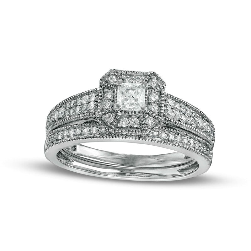 Image of ID 1 050 CT TW Princess-Cut Natural Diamond Frame Three Piece Bridal Engagement Ring Set in Solid 10K White Gold (J/I3)