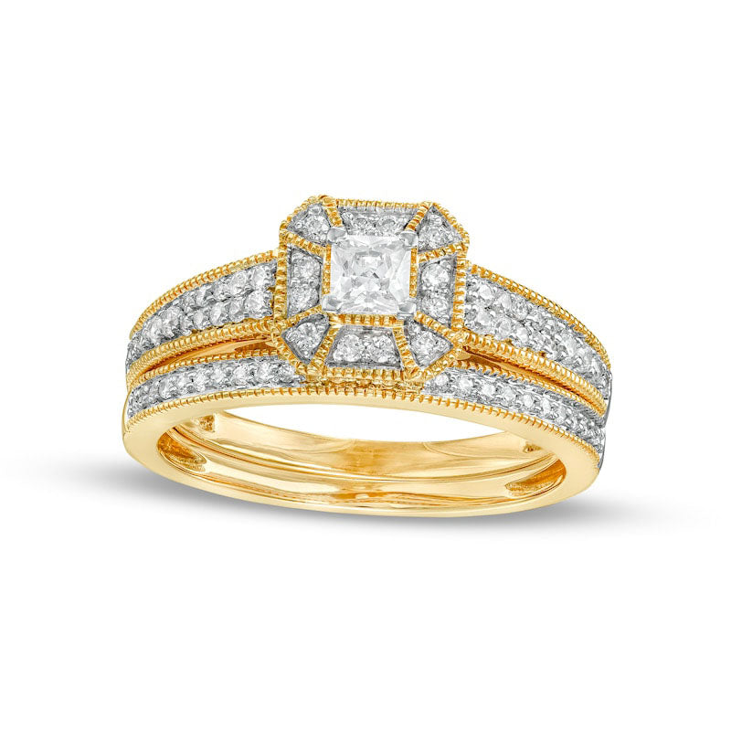 Image of ID 1 050 CT TW Princess-Cut Natural Diamond Frame Three Piece Bridal Engagement Ring Set in Solid 10K Yellow Gold (J/I3)