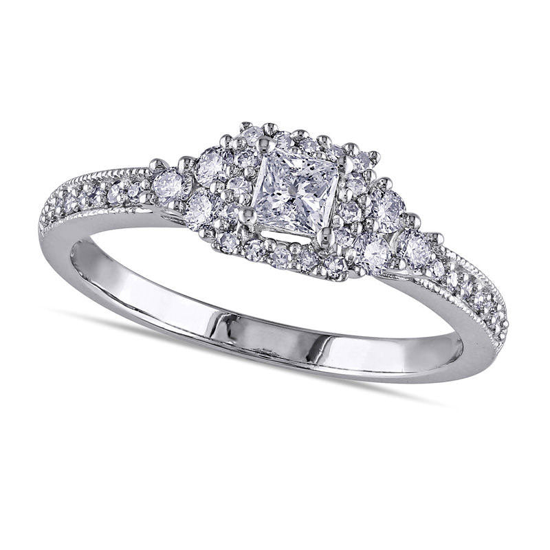 Image of ID 1 050 CT TW Princess-Cut Natural Diamond Frame Tri-Sides Antique Vintage-Style Ring in Solid 14K White Gold