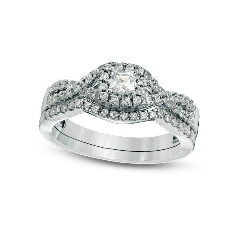 Image of ID 1 050 CT TW Princess-Cut Natural Diamond Frame Twist Bridal Engagement Ring Set in Solid 10K White Gold