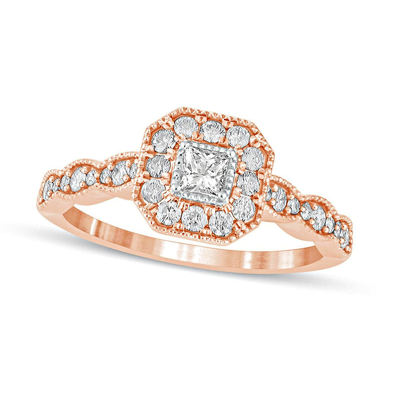 Image of ID 1 050 CT TW Princess-Cut Natural Diamond Octagonal Frame Antique Vintage-Style Engagement Ring in Solid 10K Rose Gold